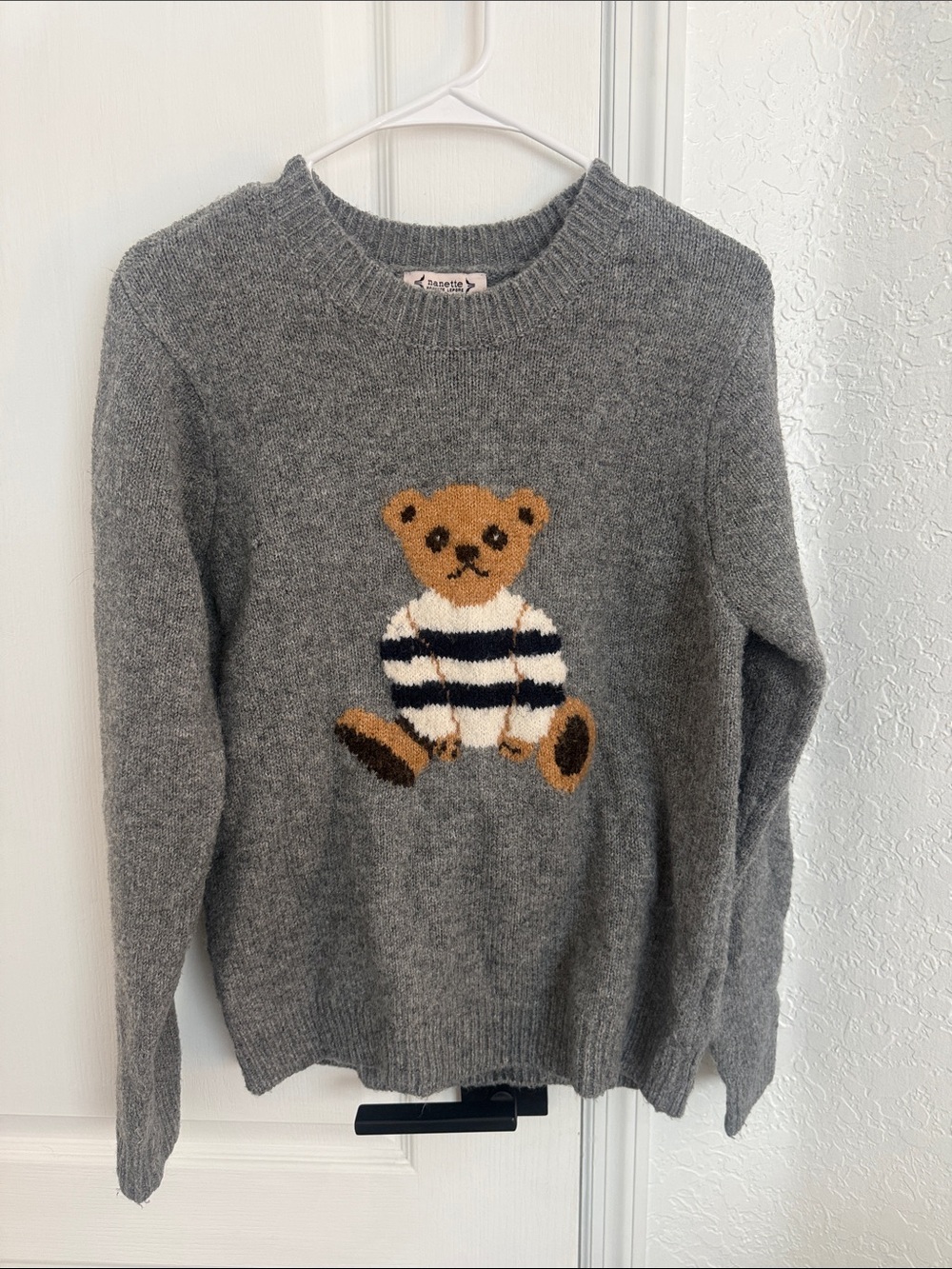 Nanette Lepore Gray Teddy Bear Crewneck Sweater with Striped Pullover